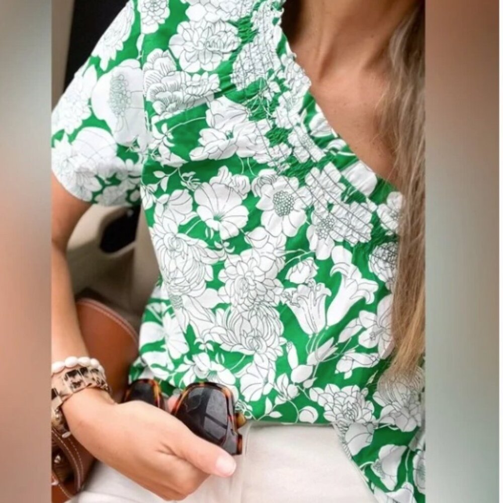 J. Crew Smocked One-Shoulder Top/Blouse/Shirt Kelly Green & White Floral Small